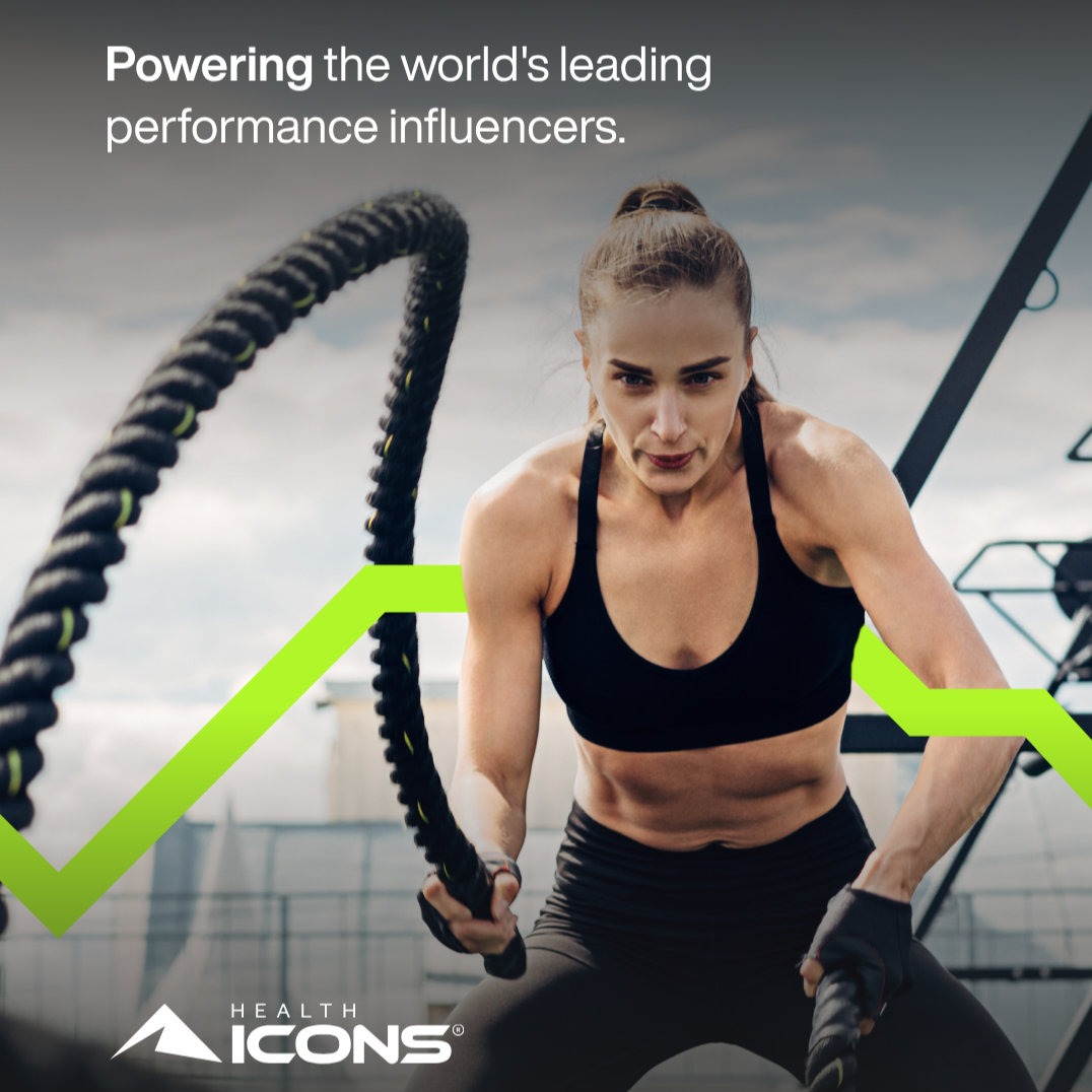 Health Icons campaign: an athlete training with battle ropes, framed by an electric-lime graphic. Powering the world's leading performance influencers.